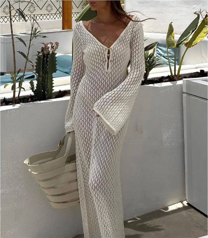 Abito da spiaggia lungo in maglia da donna sexy Abito copricostume bikini a maniche lunghe con scollo a V profondo scavato Abito da vacanza senza schienale autunnale