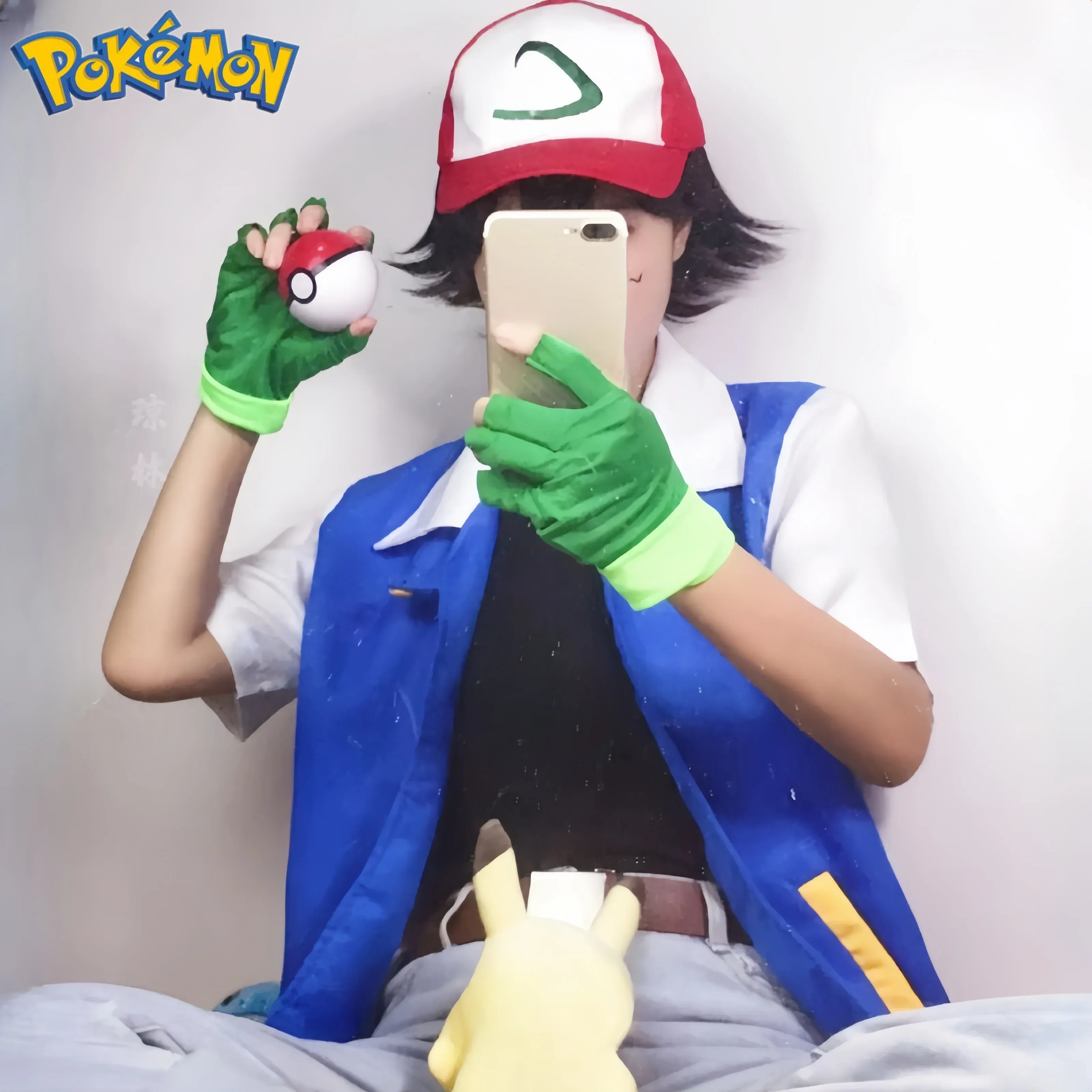 Nieuwe Blauwe Jas Pokemon Mannen Cosplay Kostuum Jongens Ash Ketchum Voor Halloween Party Trainer Handschoenen En Cap Set Anime Kerstcadeau