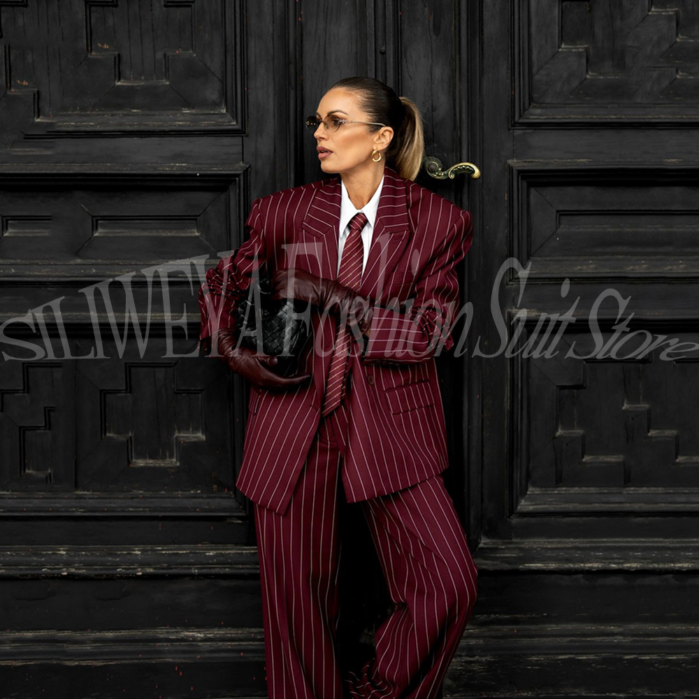 Premium Burgunderroter Nadelstreifen-Blazer-Set für Damen, Oversize-Hose mit weitem Bein, elegantes, formelles Büro- und Pendler-Outfit, 2-teilig