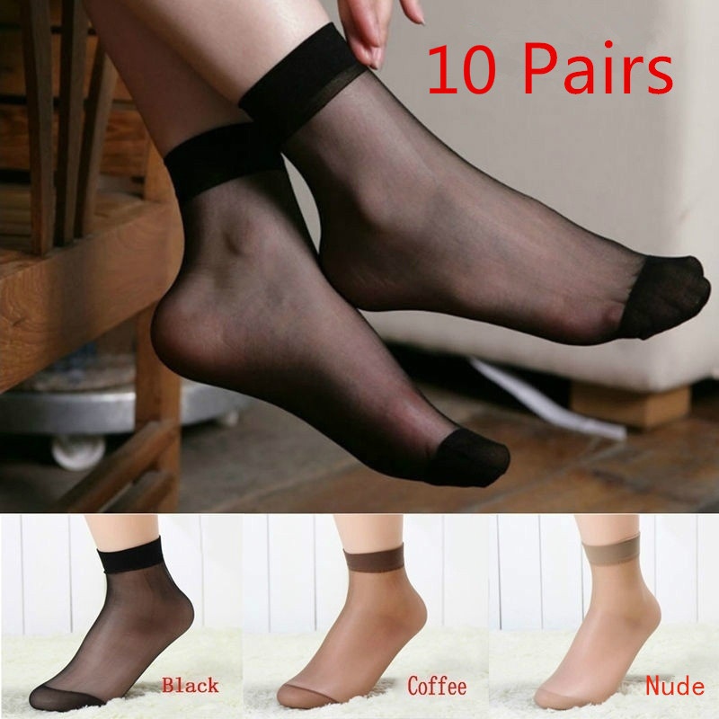 10 pasang kaus kaki pergelangan kaki wanita nilon warna Solid berpori kaus kaki ultratipis tembus elastis halus pendek stoking sutra wanita