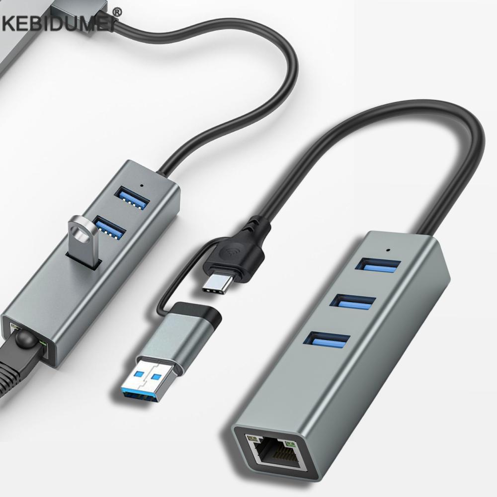 USB C HUB 1000Mbps 3 Ports USB 3.0 Type C HUB USB to Rj45 Gigabit Ethernet Adapter Docking Station for MacBook Laptop Computer