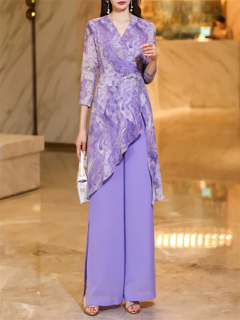 Setelan Dua Potong Kemeja Chiffon Mewah dan Celana Kaki Lebar untuk Wanita, Gaun Profesional Wanita, Kemeja Profesional, Celana Pinggang Elastis, Setelan Elegan
