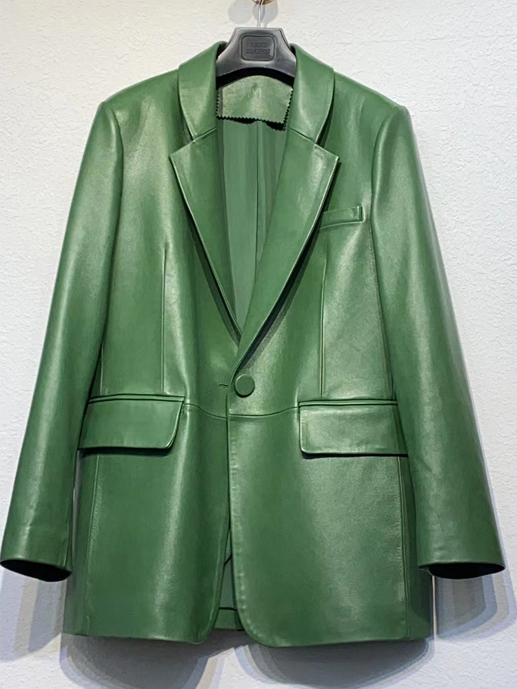 ฤดูใบไม้ผลิผู้หญิง Lady's Real Sheepskin หนังผู้หญิงของแท้หนังยาวสีเขียวเสื้อสูท Coat