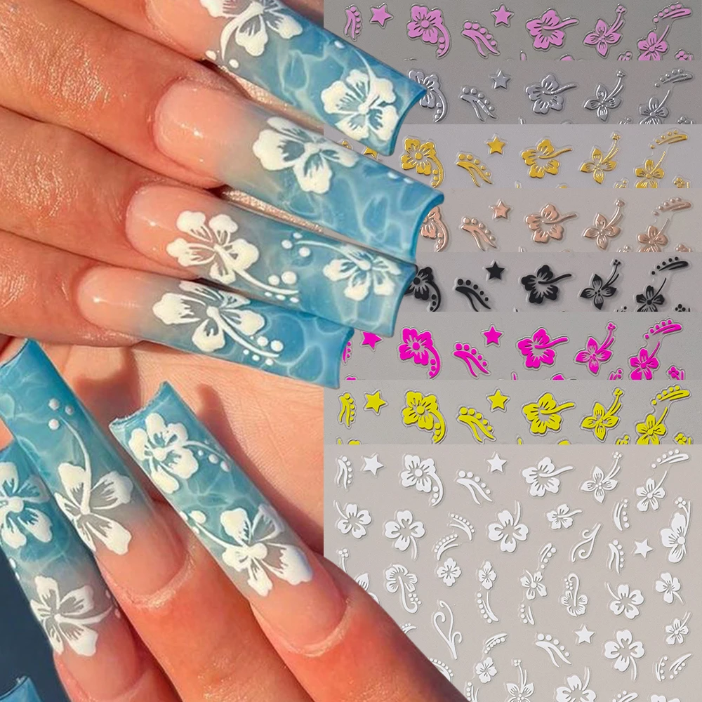 1 unidad de pegatinas 3D de flores de hibisco para uñas, pegatinas adhesivas de pétalos de flores blancas y negras, deslizador Floral dorado rosa para decoración de uñas