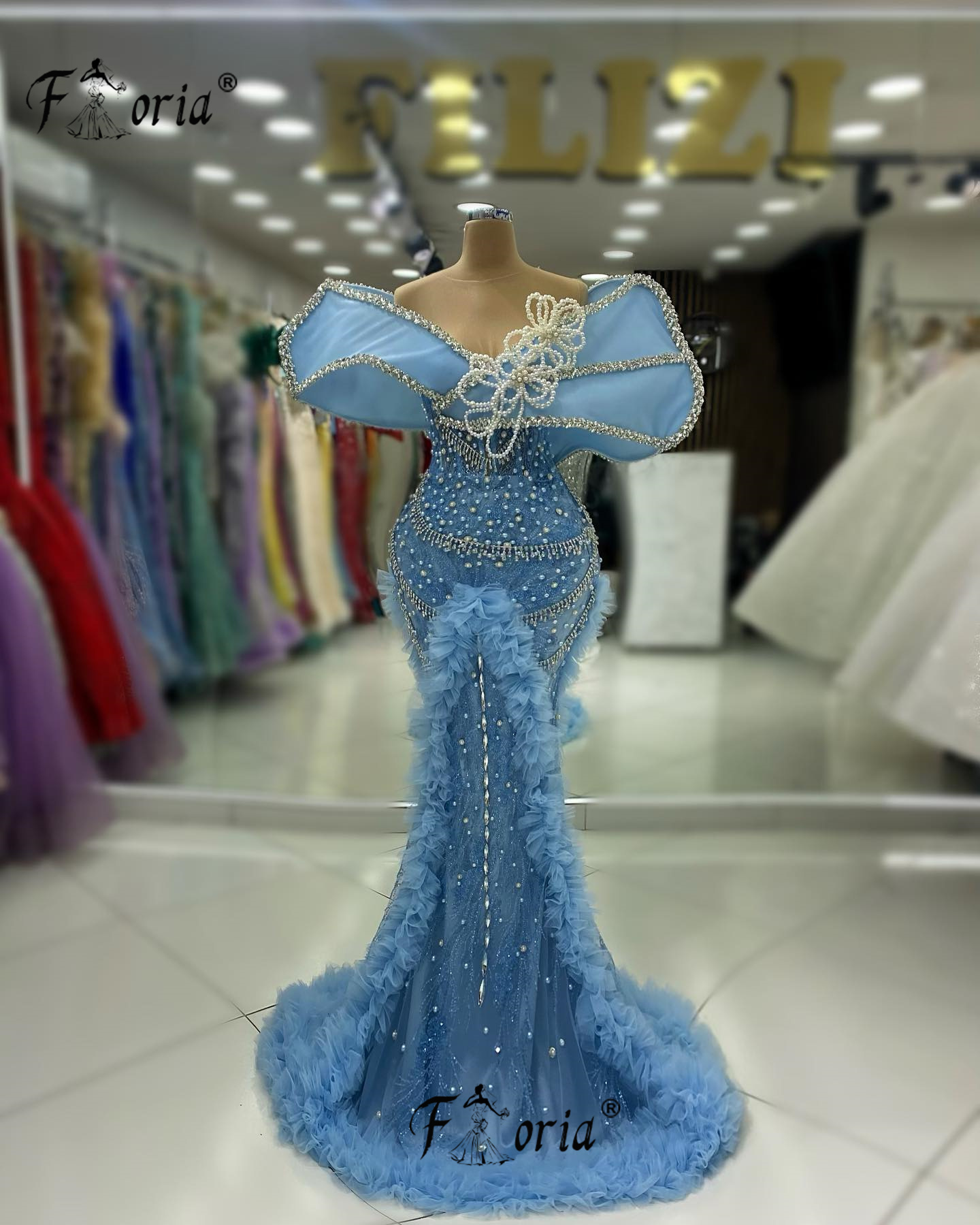 ชุดราตรีทรงเมอร์เมดประดับมุกหรูหรา ประดับคริสตัลระยิบระยับ ชุดงานแต่งงานแบบจับจีบ ชุดราตรีแบบดูไบสั่งตัดได้ ชุดเจ้าสาว