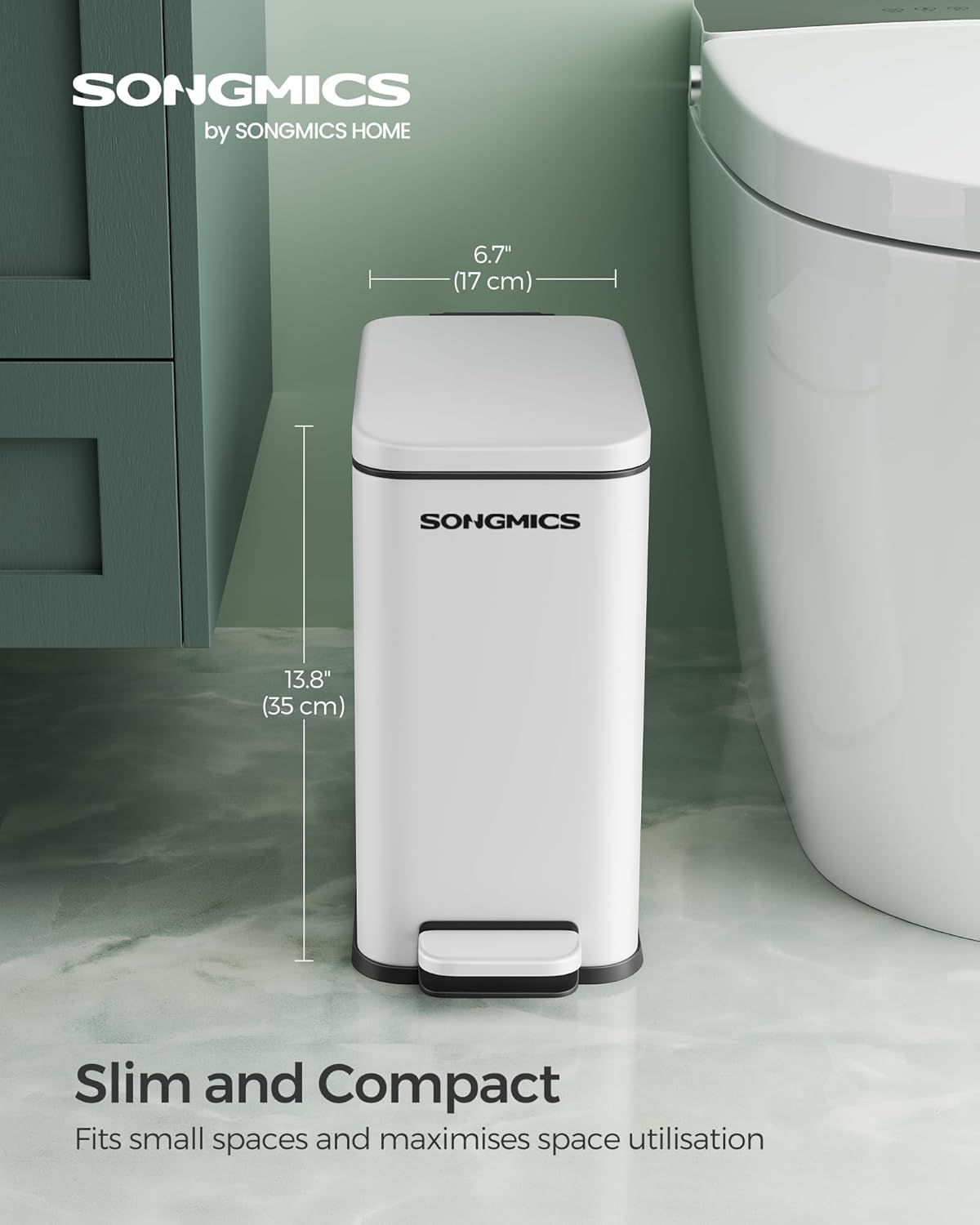 Songmics Badkamerbak, 10l Kleine Bak Met Deksel, Pedaal Toiletbak, Slank Voor Kleine Ruimtes, Staal, Soft Close