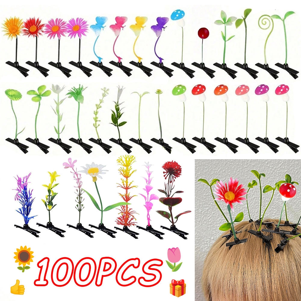 100 Stück Unisex Lustige Simulierte Gras-Haarspangen Niedliche Schmetterling-Pilz-Blumen-förmige Party-Haaraccessoires