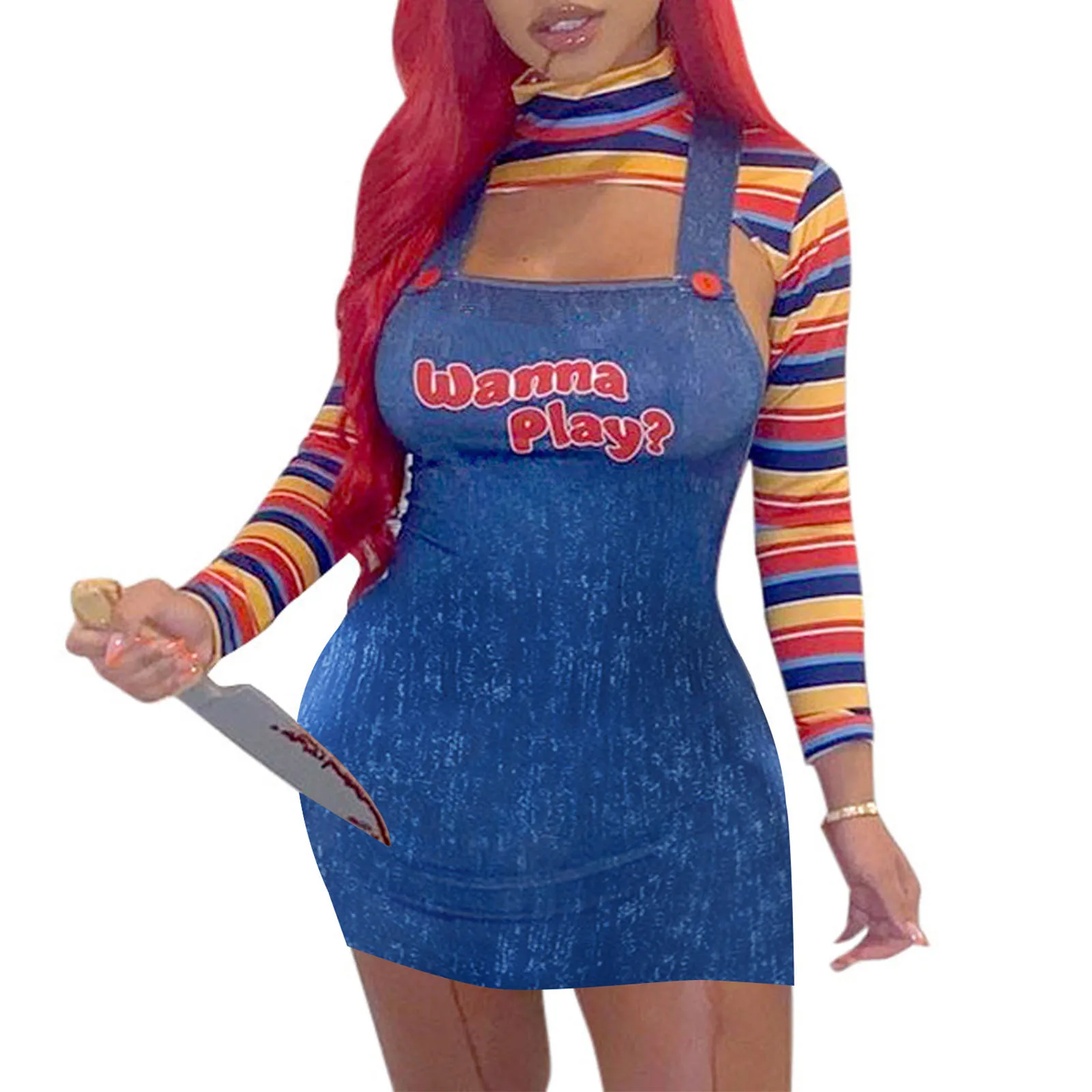 Combhasaki-traje gótico de 2 piezas para mujer, disfraz de grito de Halloween, muñeca asesina espeluznante, manga larga, Tops de arcoíris, conjunto de falda general