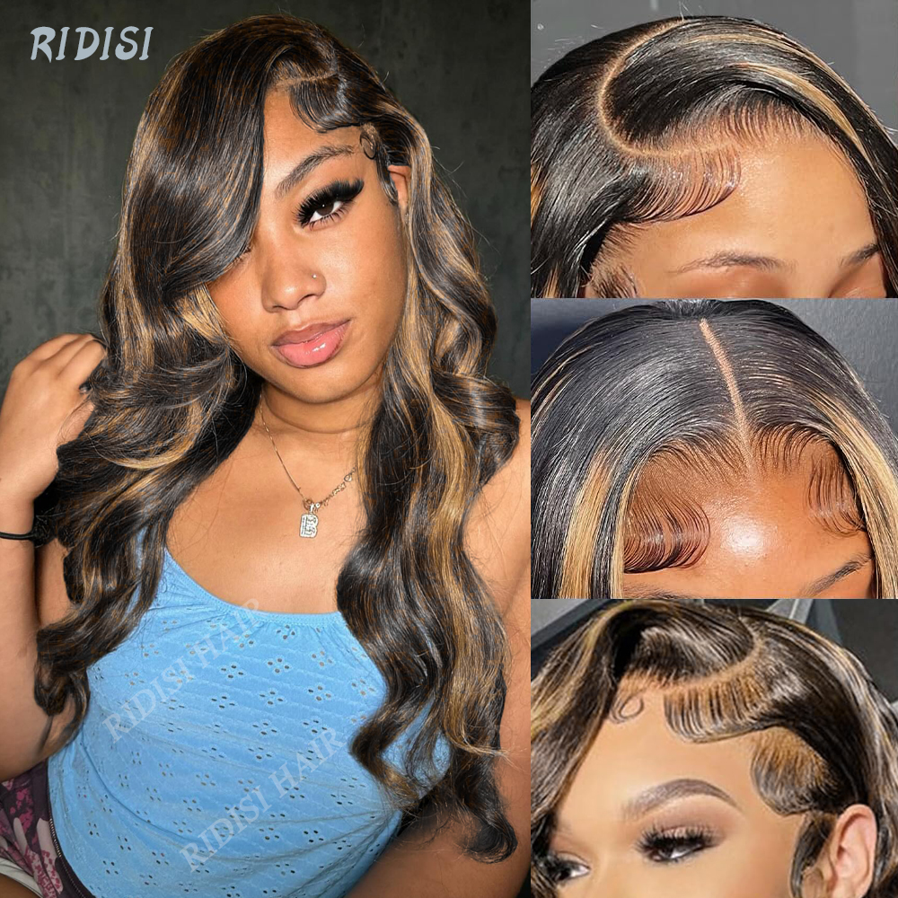 1b/27 destaque ombre onda do corpo 13x6 perucas dianteiras do laço cabelo humano mel loira colorido pré arrancado com cabelo do bebê para mulher