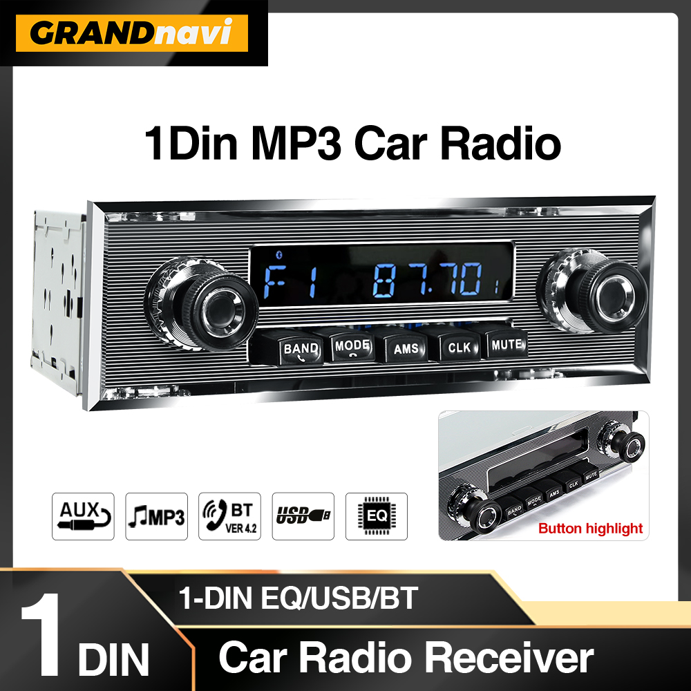 Grandnavi 1 Din Autoradio Lettore MP3 Auto d'epoca Retro Audio Stereo Supporto FM AUX EQ Ingresso USB Bluetooth nel cruscotto per Benz