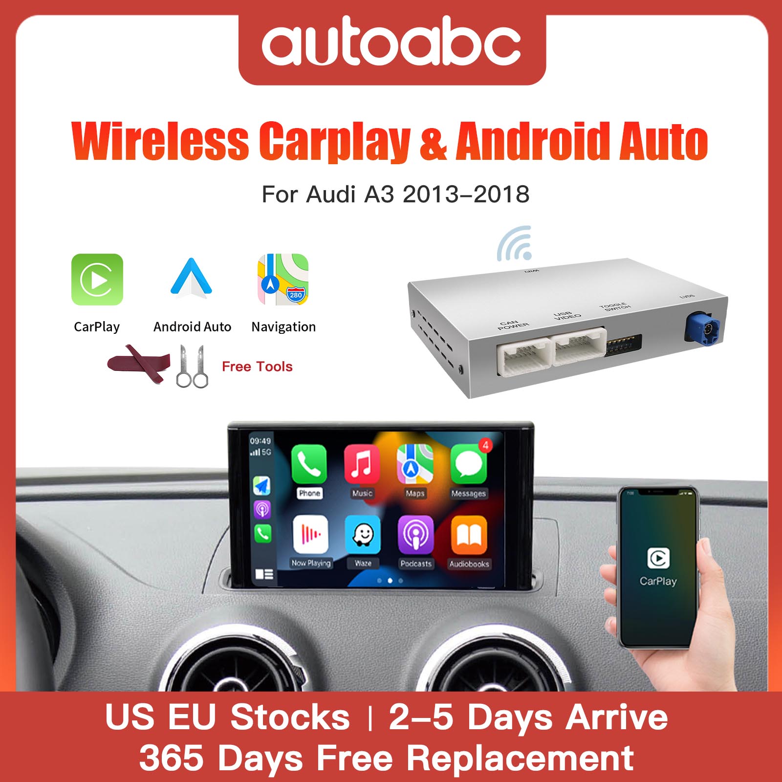 Kabelloses Apple CarPlay Android Auto-Schnittstellenmodul für Audi A3 8P 8V A4 B9 A5 Q2 Q7 Q5L USB AirPlay Mirror Link Multimedia Unterstützt Aftermarket- und OEM-Kameras