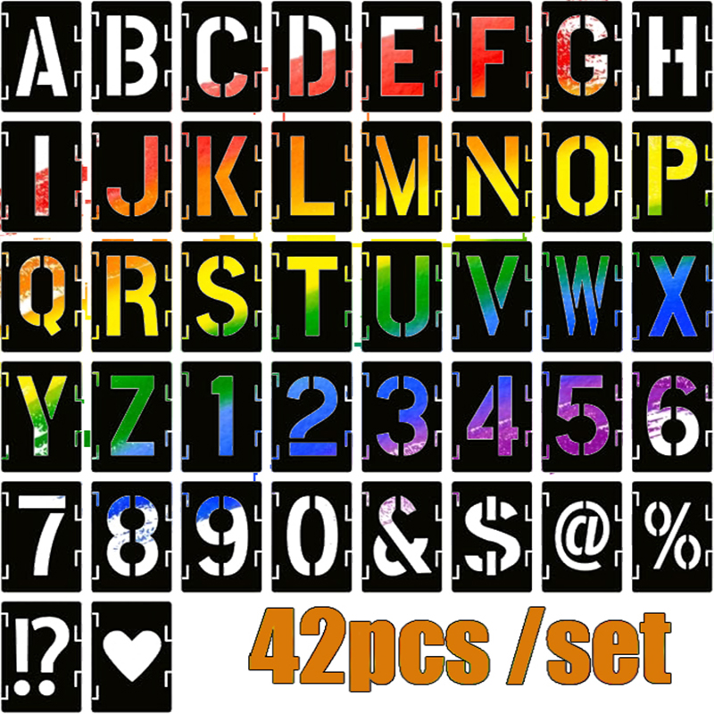 42 piezas de plantillas de letras huecas, fuentes artísticas reutilizables, colorear, pintura en aerosol. Adecuado para paredes, madera, tejidos de roca.