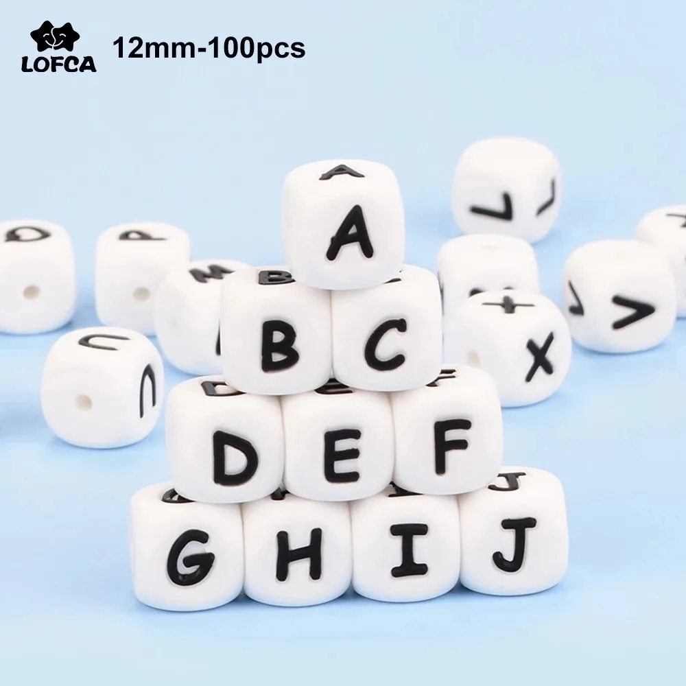 LOFCA 12 мм 100 шт. силиконовые бусины с буквами алфавит бусины для прорезывания зубов прорезыватель английские буквы пищевой класс для кормления ребенка для прорезывания зубов