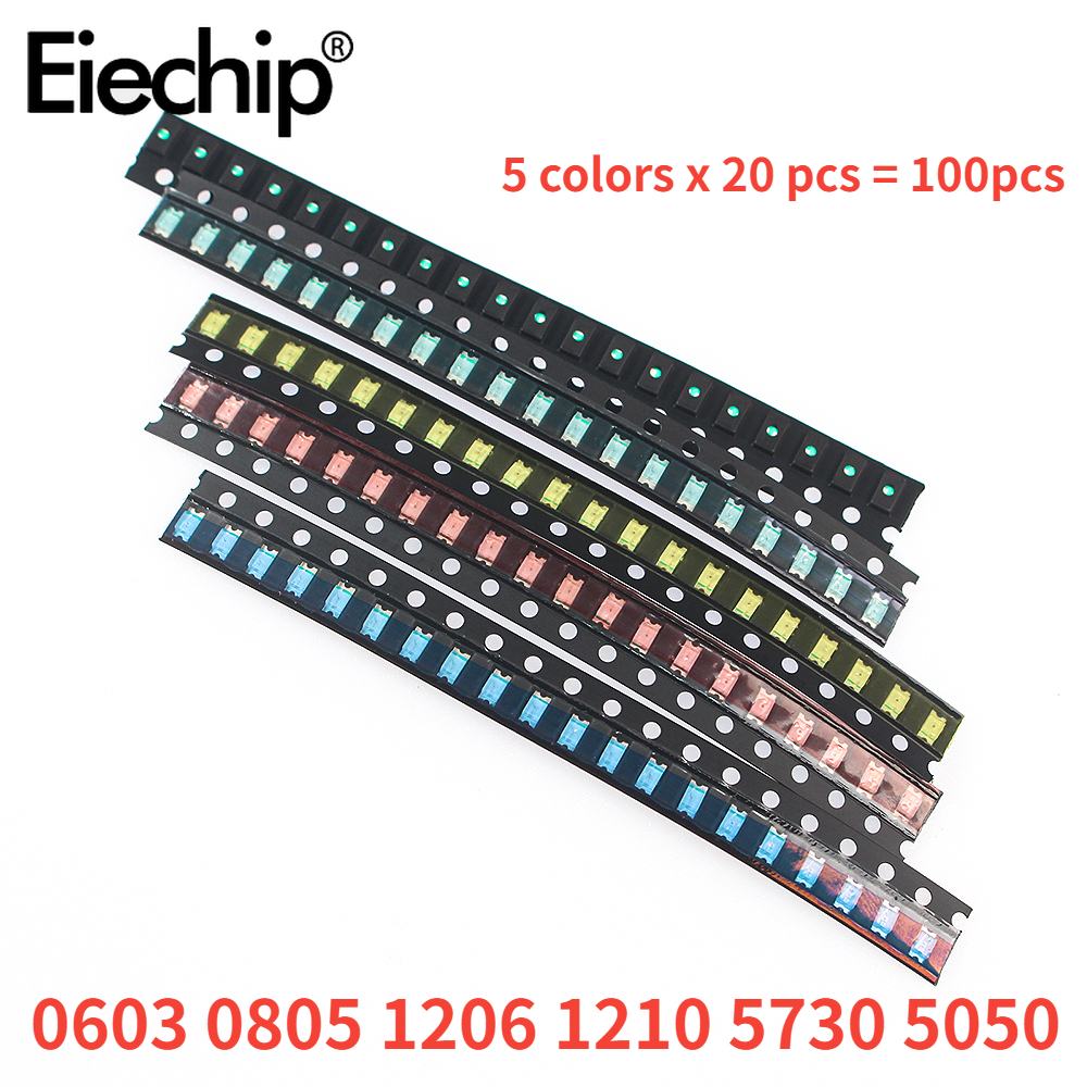 100 Uds 0603 0805 1206 1210 5730 5050 SMD Kit de diodos emisores de luz LED 5 colores LED en miniatura rojo blanco amarillo verde azul