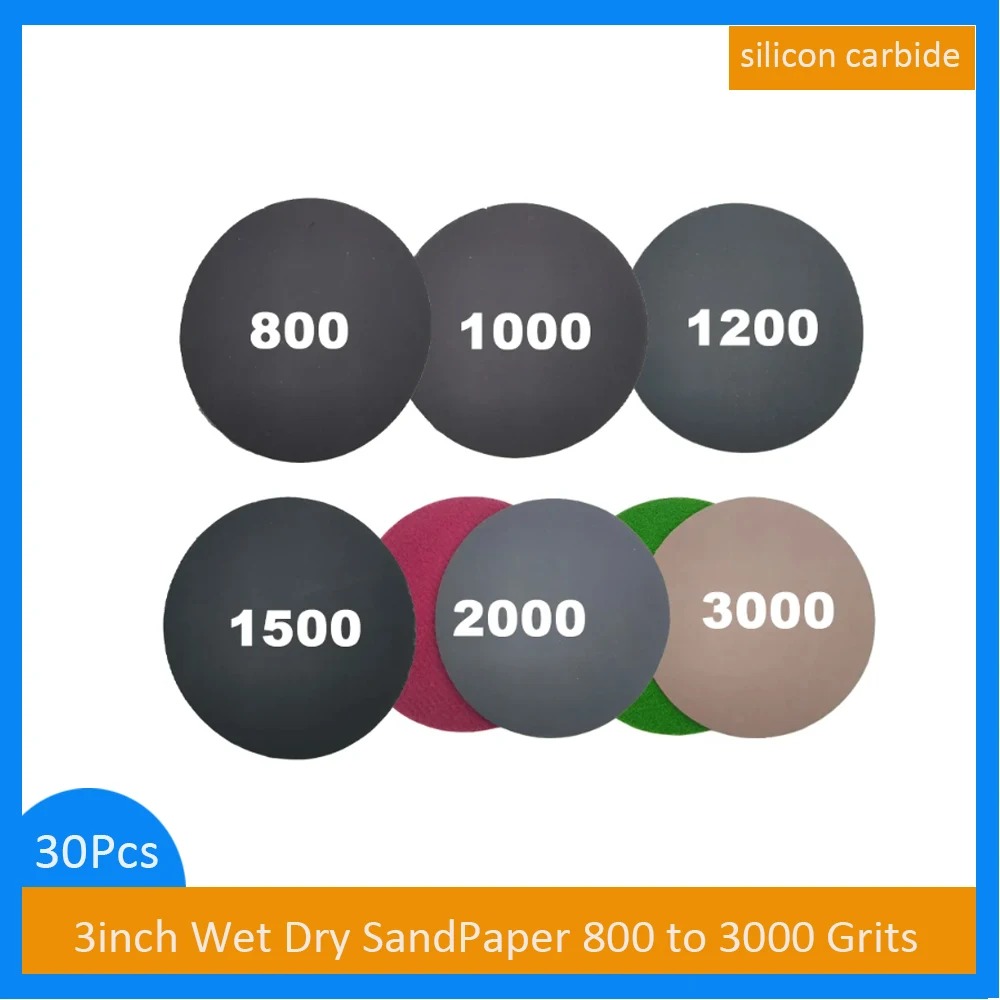 30PCS 3 인치 습식 및 건식 후크 및 루프 방수 사포 키트 실리콘 카바이드 800 - 3000 샌딩 연삭 자동차 용 그릿