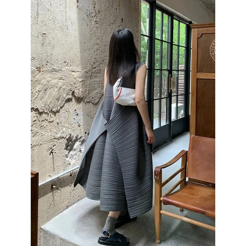 SXZ Miyake плиссированные женские платья, свободные большие размеры, высокое качество, элегантная юбка средней длины без рукавов, новинка весны 2023 г.