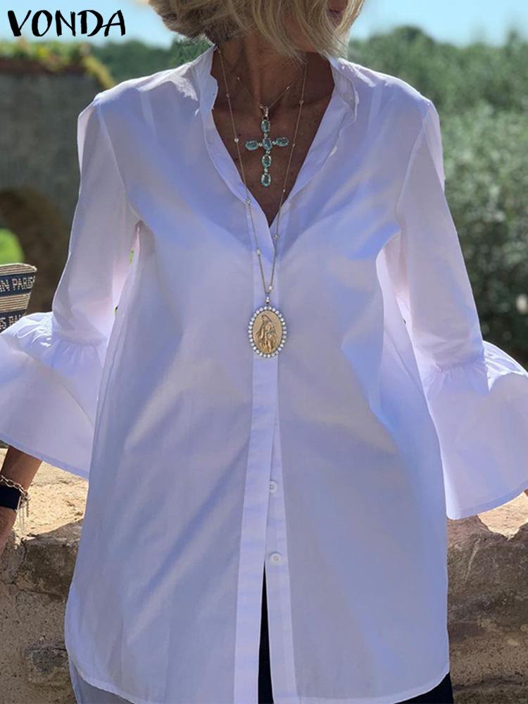 Camicie bianche camicie a maniche lunghe svasate da donna estive camicetta a molla 2022 VONDA Sexy scollo a V abbottonatura camicia da ufficio Femininas Blusas