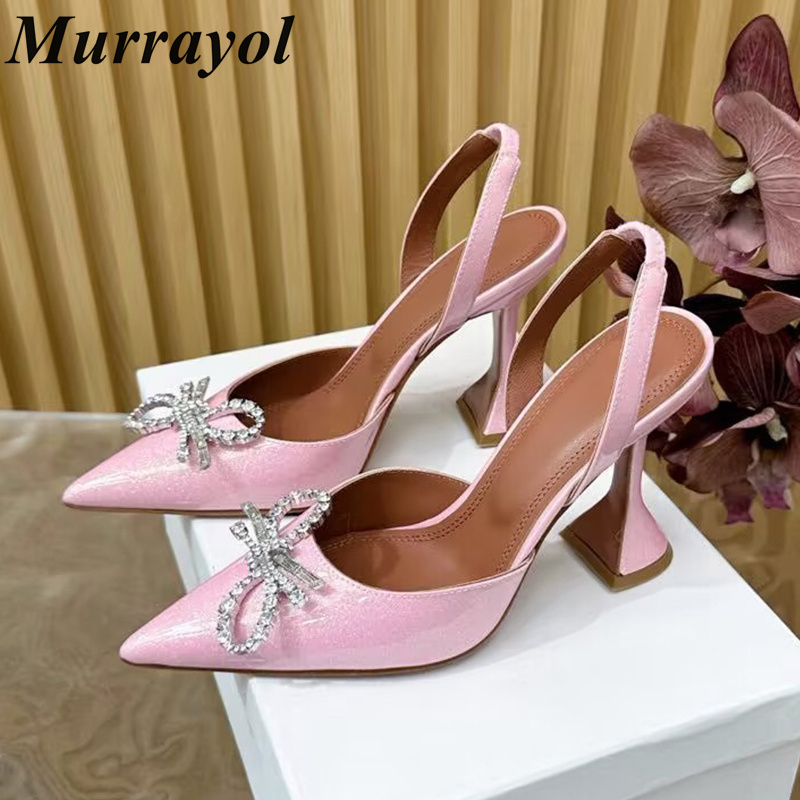 Vrouwen Strass Boog Decor Sandalias Puntschoen Glanzend Leer Cup Hoge Hakken Slingback Sandalen Zomer Feestjurk Trouwschoenen