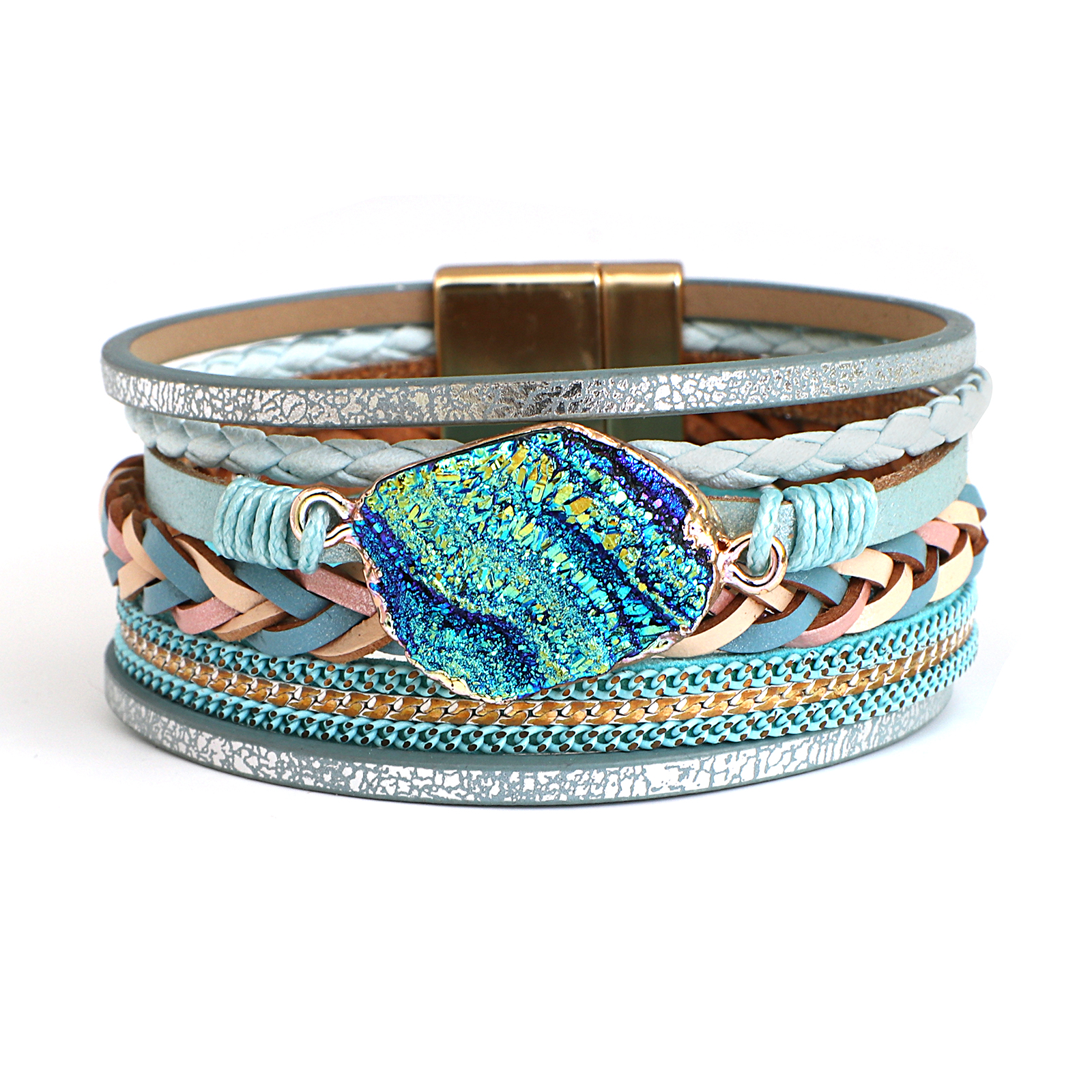 ALLYES Boho kolorowy kamień skórzana bransoletka dla kobiet mężczyzn biżuteria w stylu Vintage Charms wielowarstwowe plecione szerokie bransoletki bransoletki