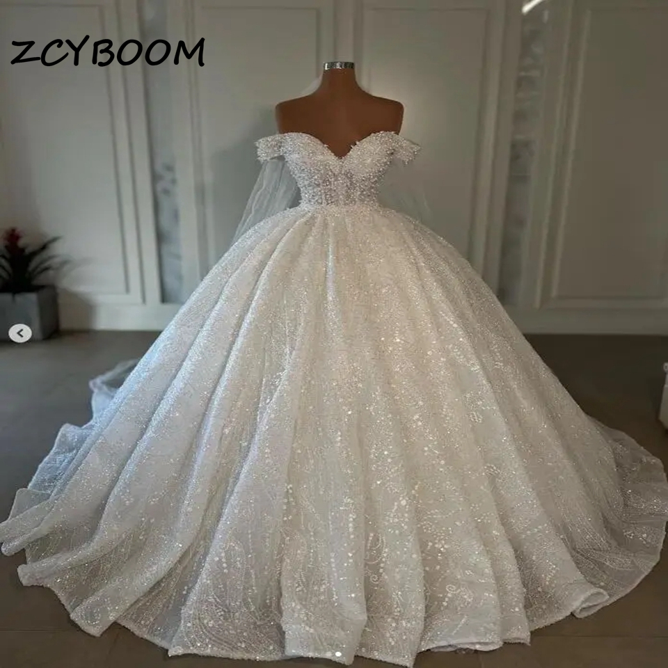 Customized Sweetheart  Appliques Sequined Wedding Dress 2025 Court Train Tulle Off the Shoulder New Style Ball Gown Bridal Gowns