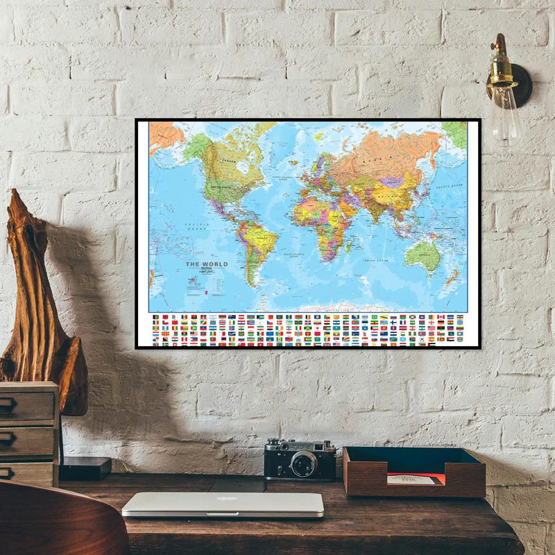 O mapa do mundo 75*50cm decoração de parede em inglês pintura em tela arte cartaz sem moldura para educação material escolar decoração para casa