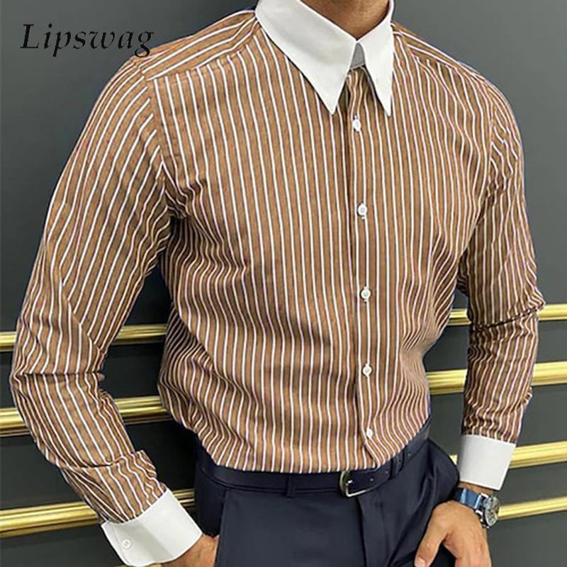 2025 Spring Autumn Mens Casual Shirts Long Sleeve Buttoned Turn-down Collar Patchwork Shirt For Men Vintage Striped Print Shirts