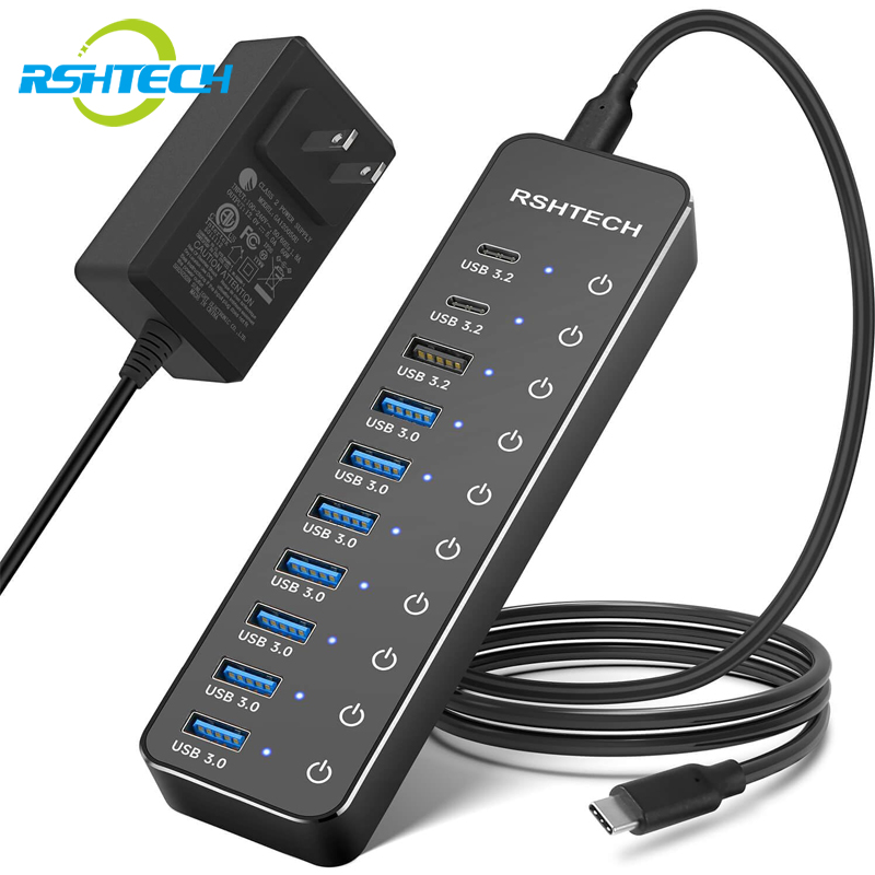 RSHTECH USB Hub 10-Port USB C Hubs 60W with 10Gbps Data Transfer Ports Individual Touch Switches Hybrid Splitter for Laptop/PC
