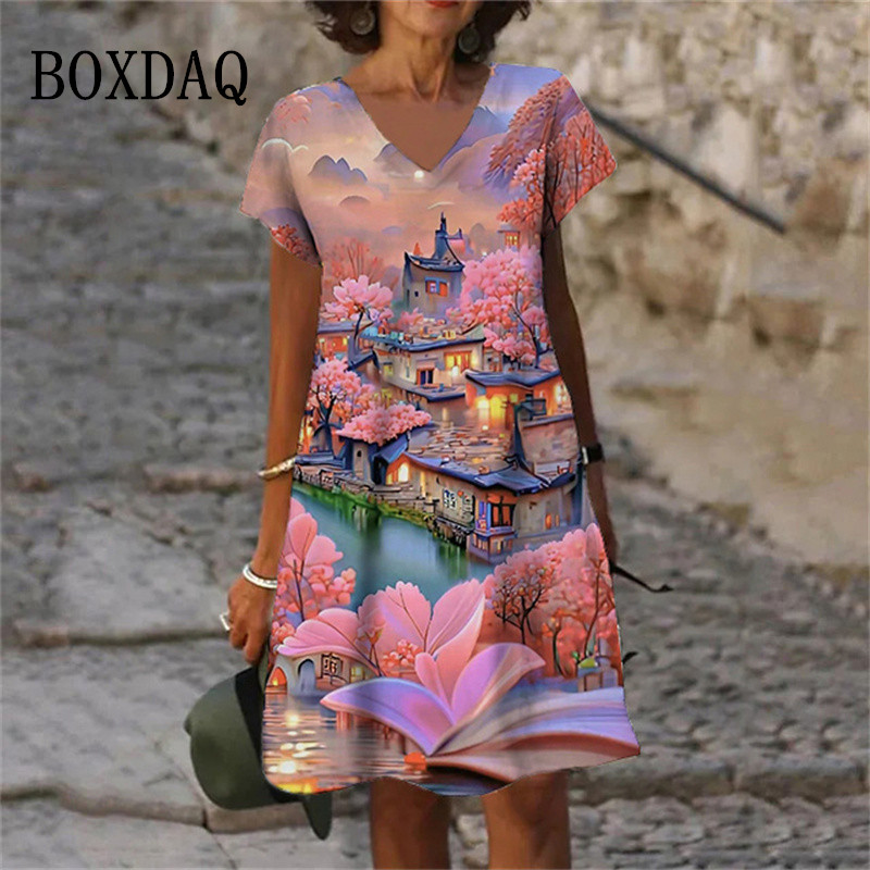 Fantasy 3D Print Women Dress Fashion Elegant Sweet Casual V-Neck Short Sleeve A-Line Dress 2023 Oversized Summer Scenery Dress