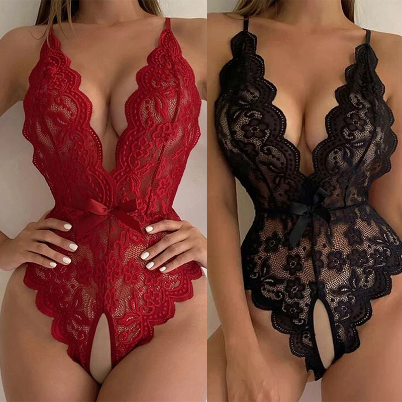 Lingerie sexy Donna Indumenti da notte Open Croth Body Teddy Lingerie di pizzo trasparente Reggiseno aperto a V profondo Lenceria Porno Set di biancheria intima