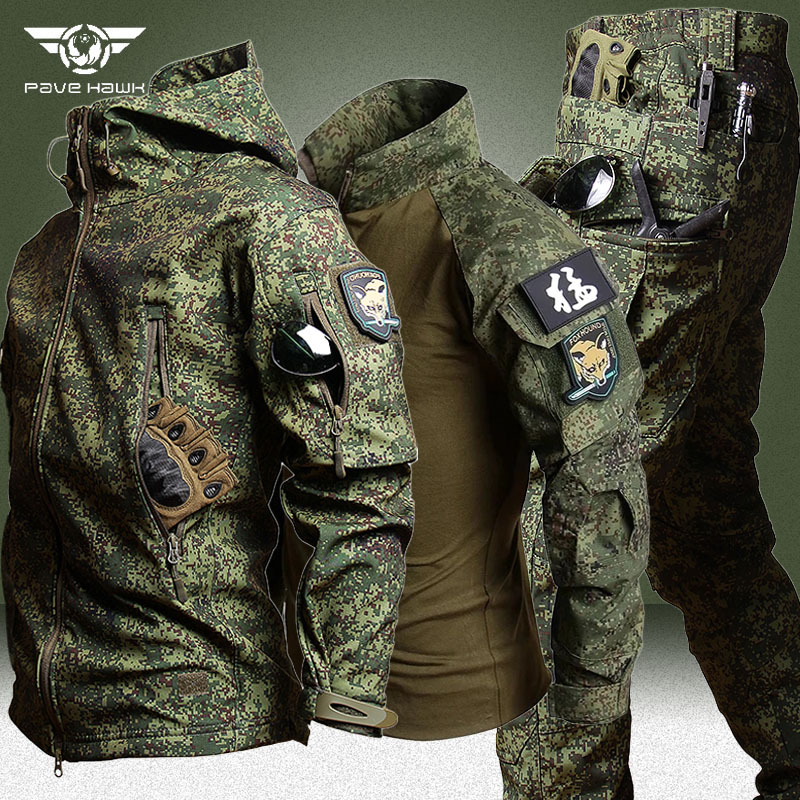 Conjuntos de 3 uds de camuflaje RU impermeables para hombre, chaqueta con capucha de lana de invierno + camisetas transpirables de manga larga + pantalón Cargo recto, traje de concha suave