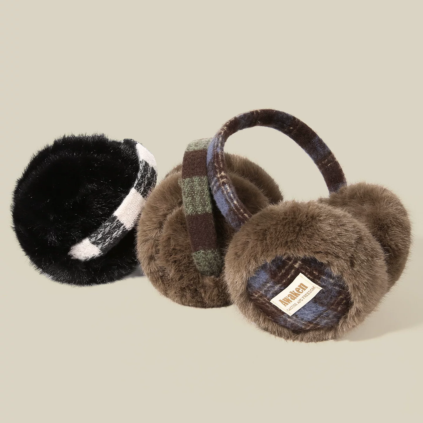 Winter Warm Falten Ohr Muff Plaid Pelz Dicken Ohr Schützen Ohrenschützer für Frauen Modische Skifahren Reiten Ohrenschützer Dame