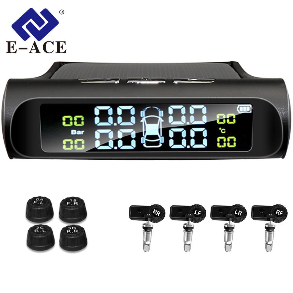 E-ACE-sensor solar inteligente K01 TPMS, sistema de monitoreo de presión de neumáticos inalámbrico, dispositivo de alarma de seguridad automática con 4 sensores