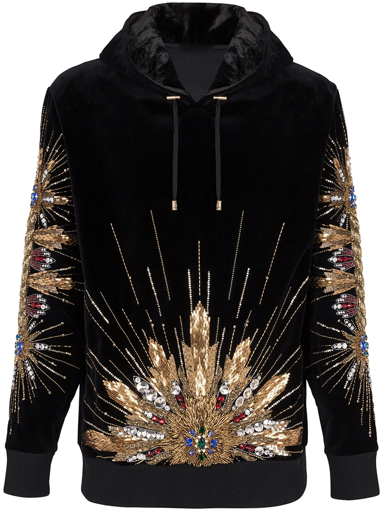 HIGH STREET Newest 2026  Designer Tops Women's Sequined Rhinestone Diamonds Beaded Velvet Loose Hooded Hoodie Sweatshirt