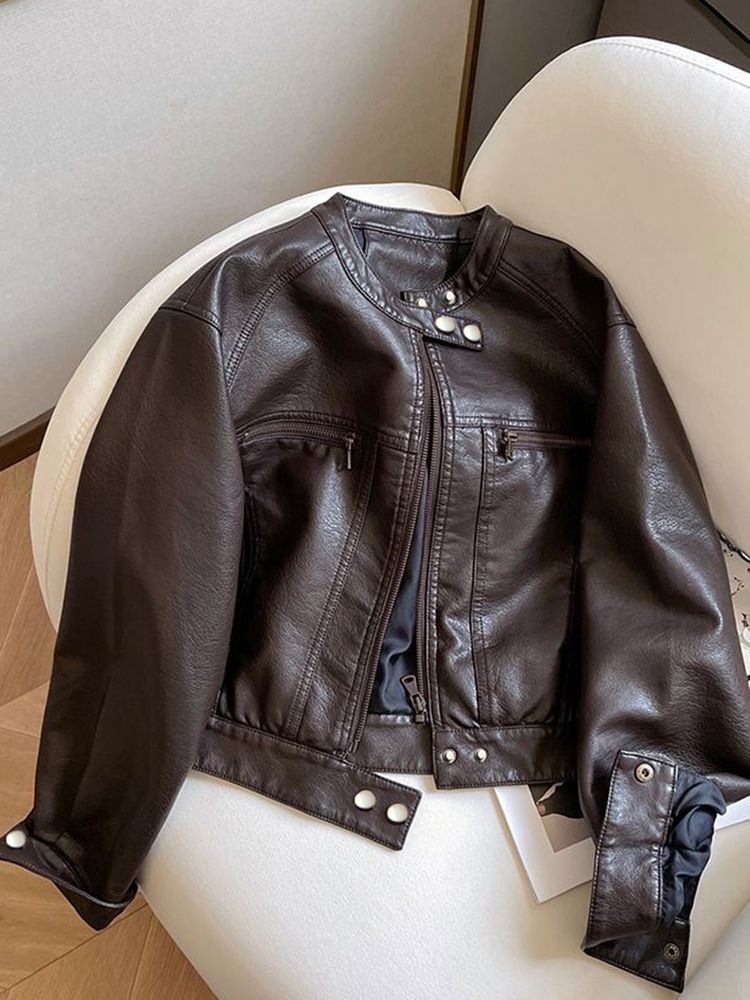 Roupas locomotiva americana curta jaqueta de couro pu feminina 2025 primavera e outono novo design pequeno gola alta jaqueta maré