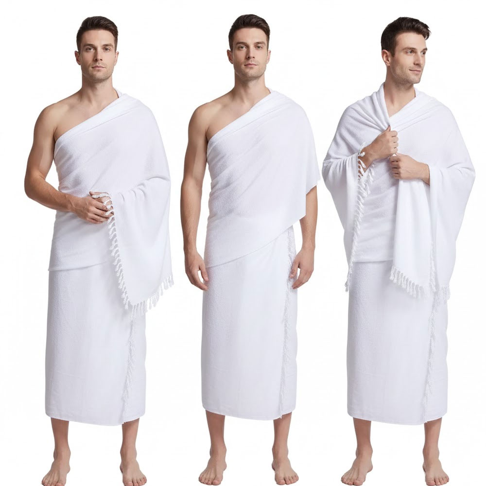 Conjunto masculino de 2 peças Hajj e Umrah Ihram |   Fato de toalha branco sólido do Oriente Médio |   Traje de peregrinação autêntico para viagens espirituais