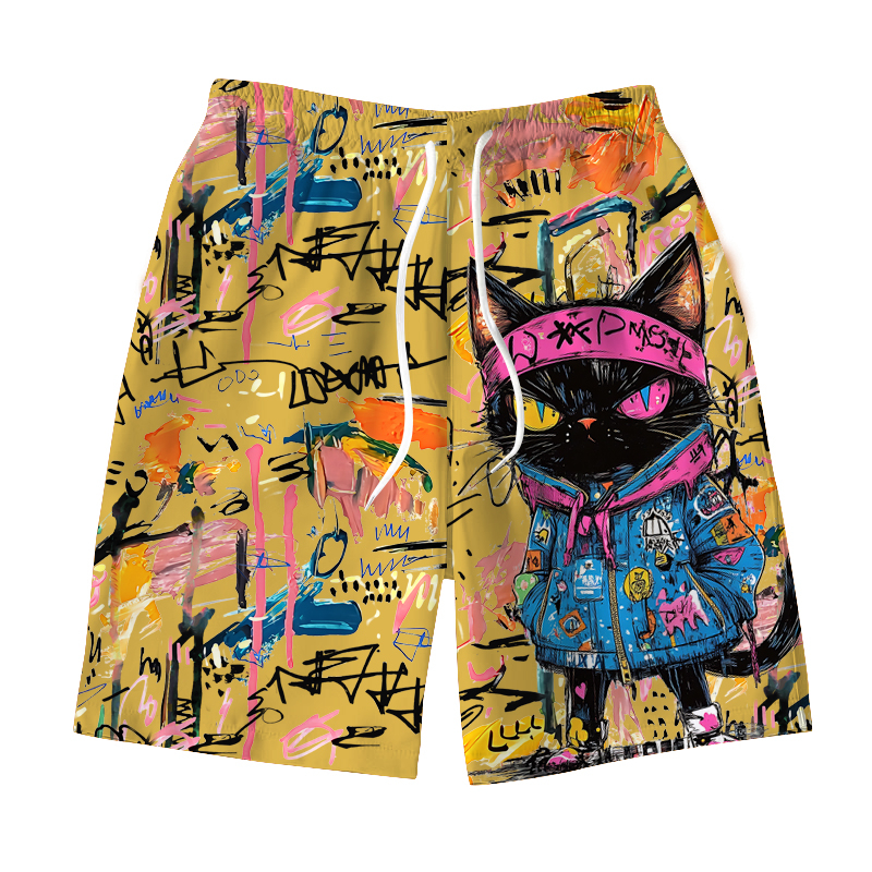Calções de banho havaianos masculinos legais 3d graffiti gatinho macaron shorts de secagem rápida ao ar livre lazer esportes moda shorts masculinos