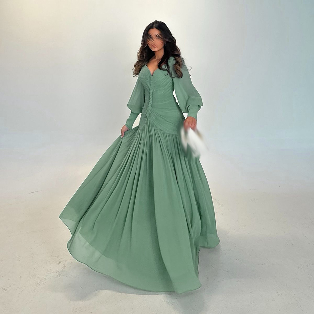 Customized A-Line Prom Dresses Floor-Length V-Neck Full Sleeve Evening Gown Fashion Pleat Simple Draped Casual Party Gown