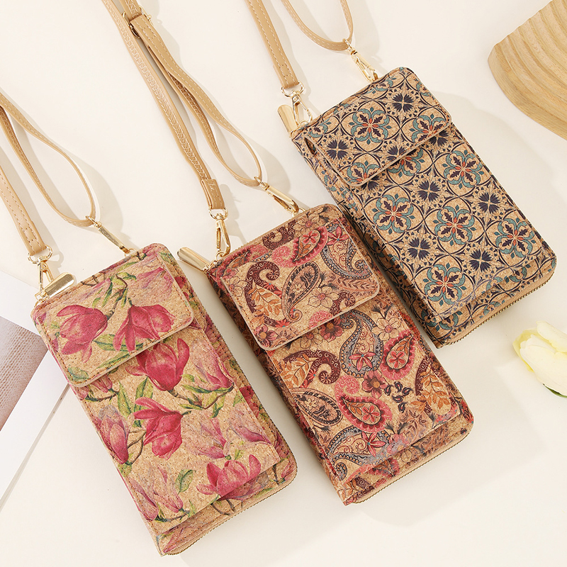 6 stuks portemonnee kurk leer nationale afdrukken retro verticaal model telefoon crossbody tas