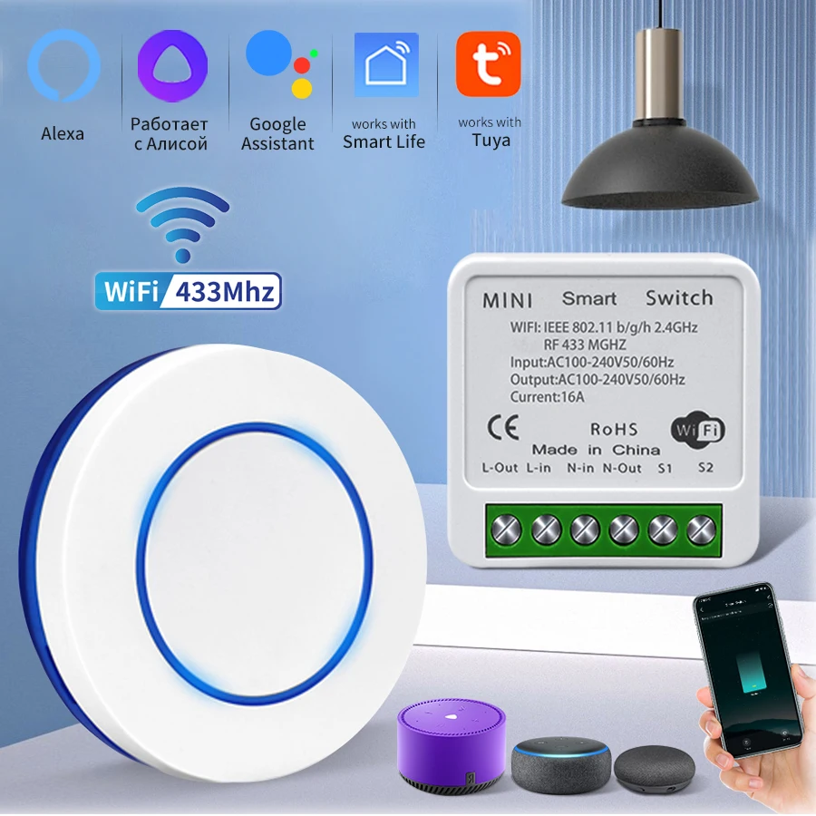 Tuya WiFi Smart Switch 16A RF 433Mhz Telecomando senza fili Interruttore a pulsante Controllo vocale con Alexa Google Assistant Alice
