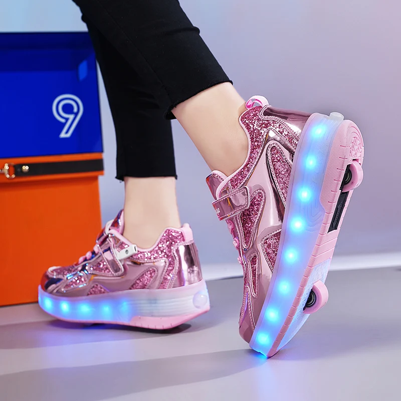 ผู้หญิง 2 ล้อ Roller Skate รองเท้าแนวโน้มรองเท้าเด็กผู้หญิง LED Retractable เด็ก Dual-Purpose Casual รองเท้าผ้าใบล้อ