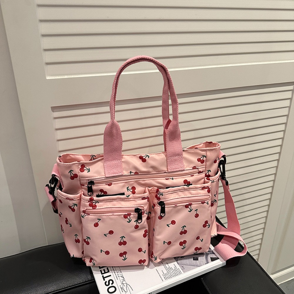 Bolsa tote casual de grande capacidade, bolsa crossbody com alça ajustável e vários bolsos, bolsa de compras à prova d'água com estampa de cereja