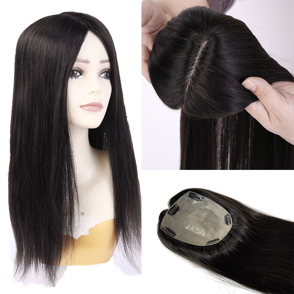 Puncak Rambut Manusia Dasar Sutra PU dengan 5 Klip Di Atas Sutra Ekstensi Rambut Rambut Remy Rambut Palsu untuk Wanita Potongan Rambut 15X16CM