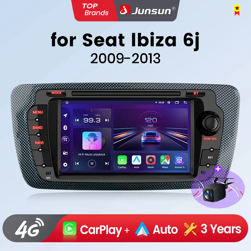 Junsun Wireless CarPlay Android Auto Car Radio for Seat Ibiza 6j 2009-2013, 2 DIN Multimedia Stereo with Built-in Cooling Fan, GPS Navigation, SWC, Bluetooth, FM, RDS, DSP, IPS Screen, Car Intelligent Systems, 4G, WiFi, 8-Core, Plug & Play Head Unit