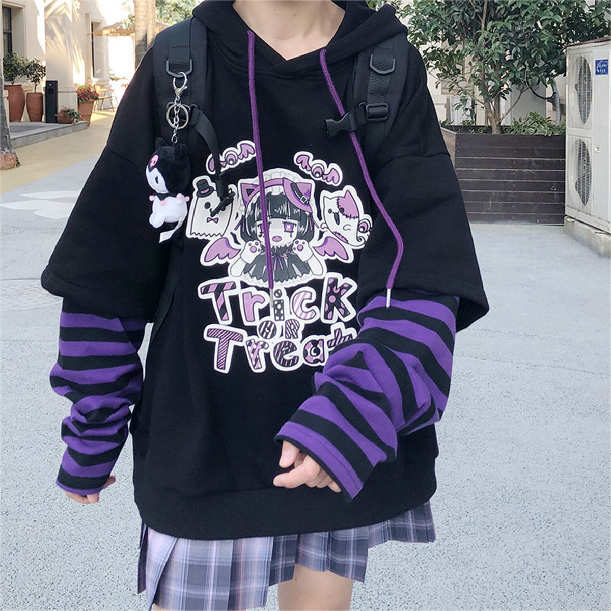 Lindo Harajuku Patchwork Sudadera con capucha ropa de calle Hip Hop mujeres sudaderas Casual otoño High Street Tops divertido Harajuku Sudadera con capucha a rayas