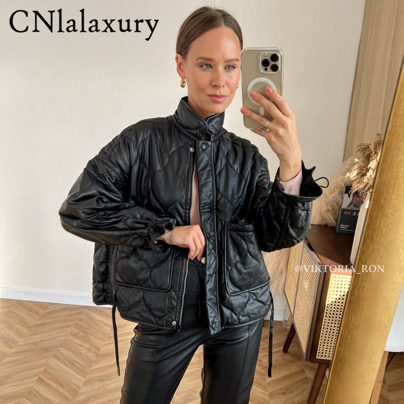 2022 inverno moda feminina do vintage xadrez faxu jaqueta de couro parka bolsos casuais algodão casaco solto curto outwear topos feminino