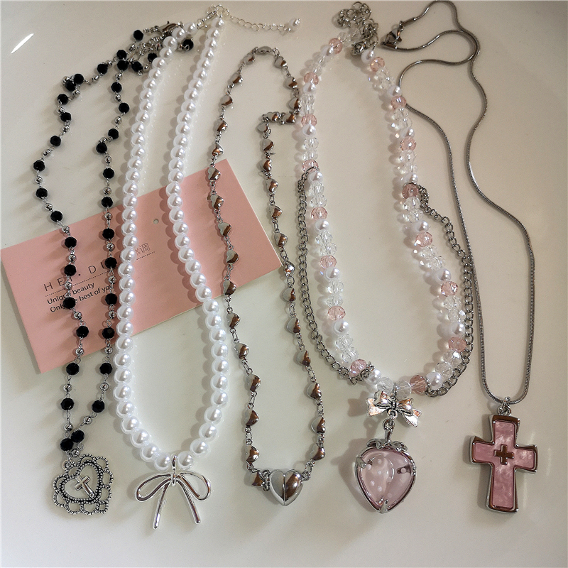 Gotico Vintage Rosa Croce Fragola BowTassel Ciondolo Perla Perline Collana a catena di serpente Donna Y2K 2000s EMO Accessori gioielli