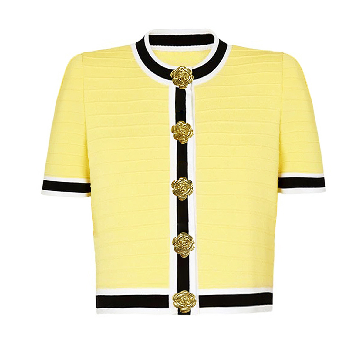SML-Cardigan à Manches Courtes et Col Rond pour Femme, Vêtement en Tissu artificiel astique de Haute Qualité, avec lèvent, à Rayures, Coupe Cintrée, à la Mode