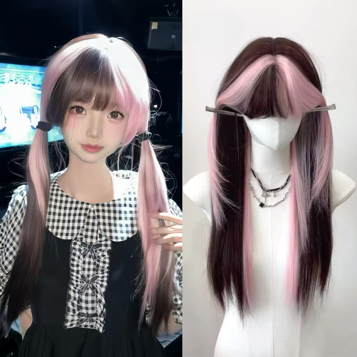 Ombre Pink Brown Wig for Women Cute Lolita Hair Wig with Bangs High Temperature Fibers Synthetic Wigs Headband Wigs for Cosplay