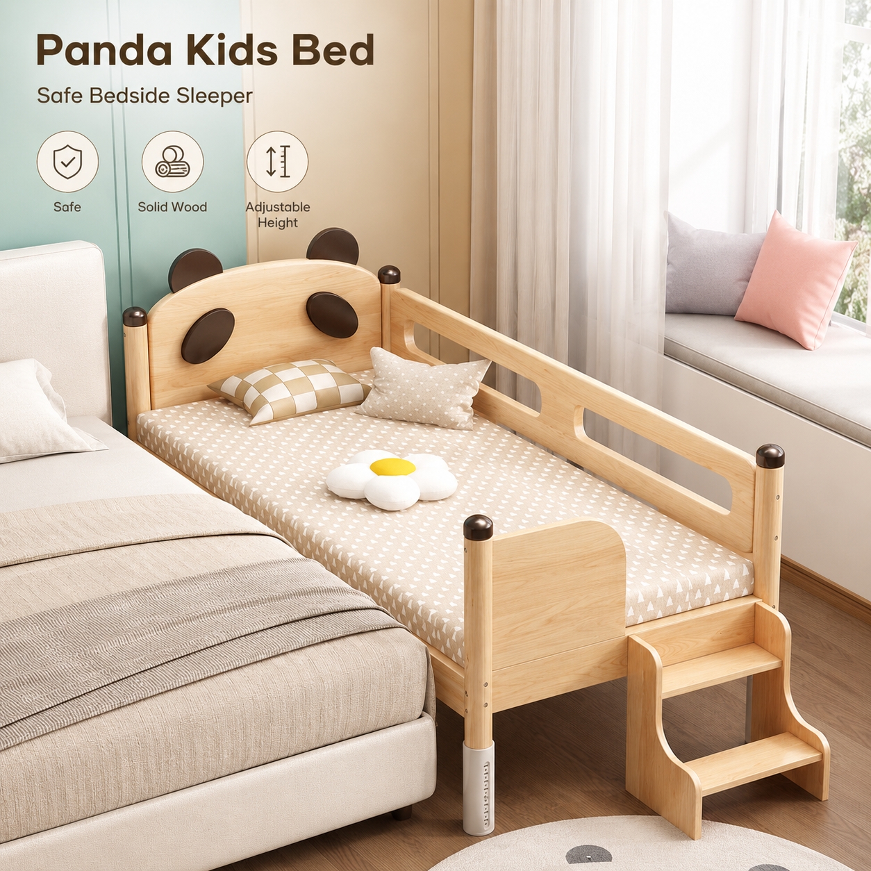 Massivholz-Kinderbett mit Schutzgitter, Höhenverstellbares Kleinkind-Bettgestell mit Matratze für Jungen und Mädchen