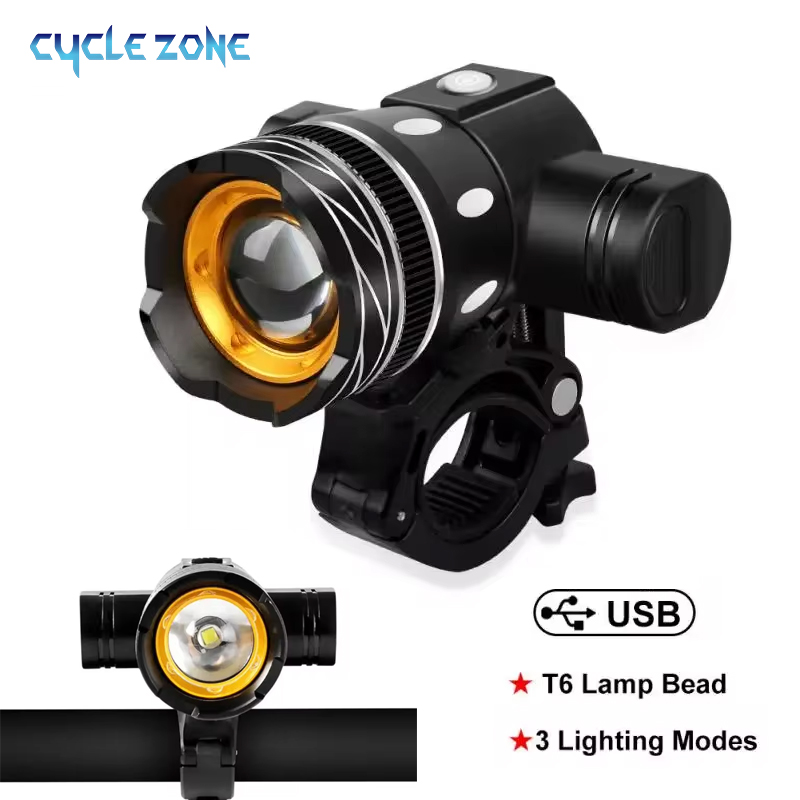T6 lampu depan sepeda LED USB Zoom, aksesori sepeda MTB senter depan sepeda tahan air dapat disesuaikan